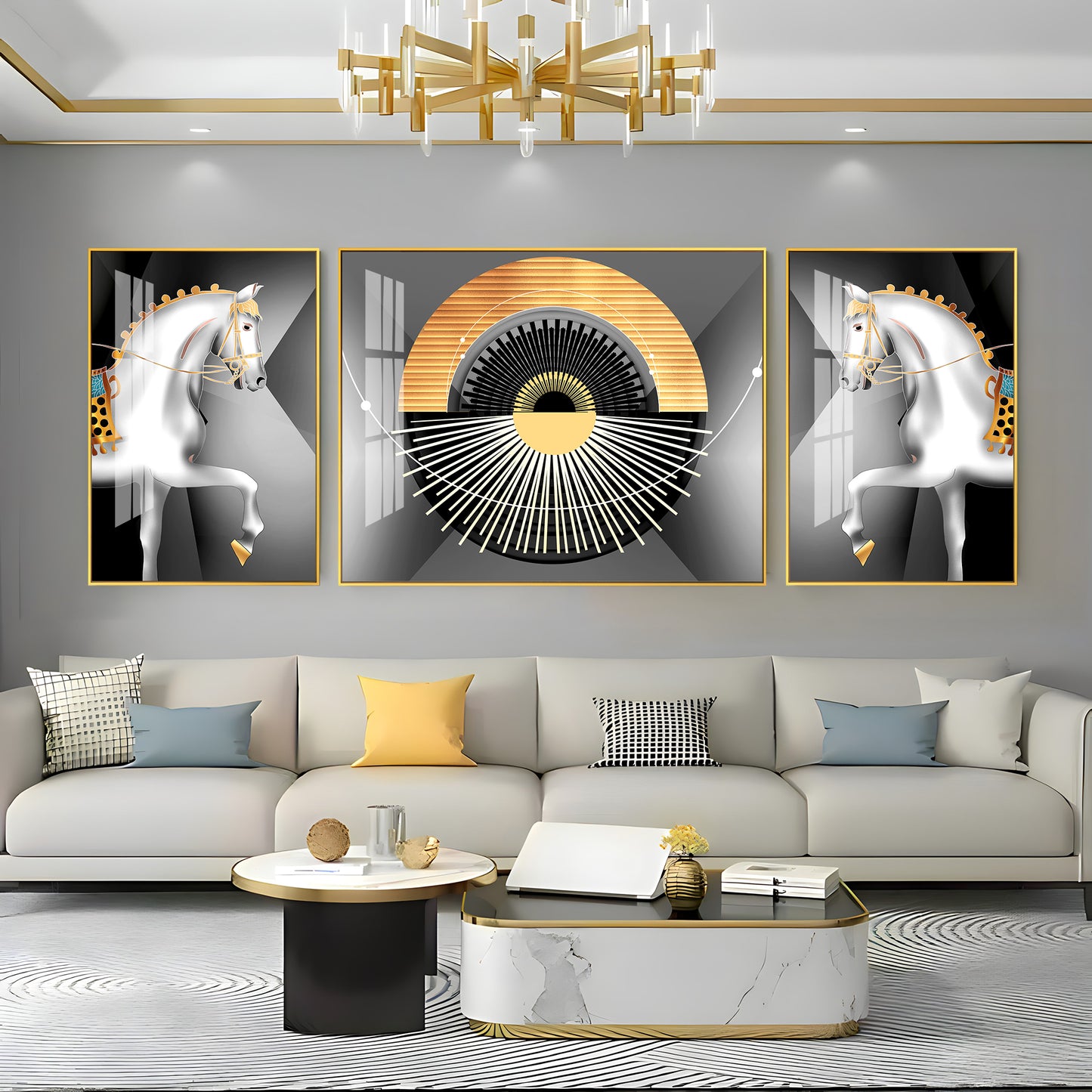 White Horse Harmony Glass Finish Wall Art (Set Of 3)