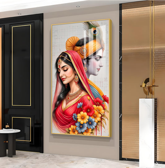 Loving Radha Krishna Glass Finish Vertical Wall Art
