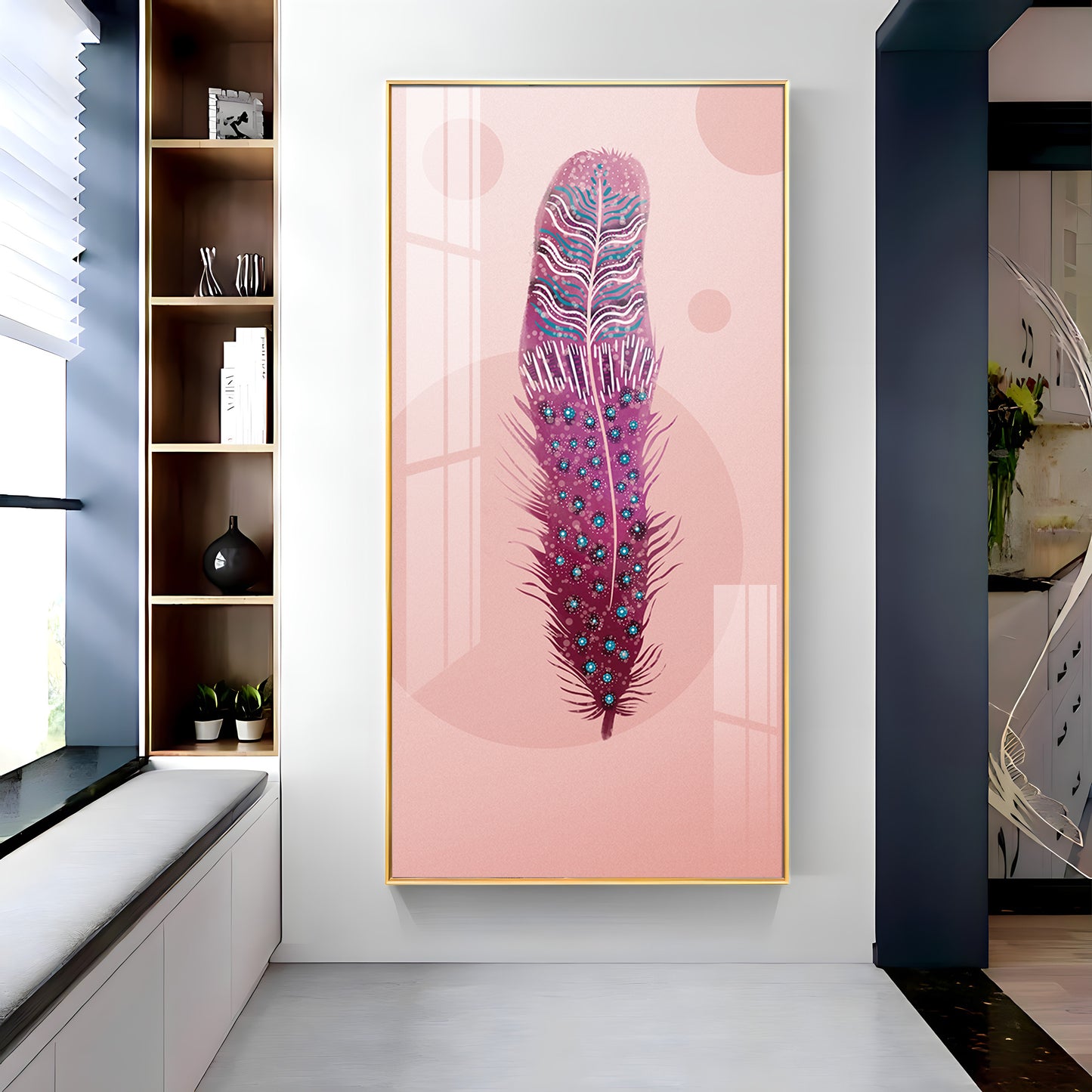 Pink Plume Glass Finish Vertical Wall Art