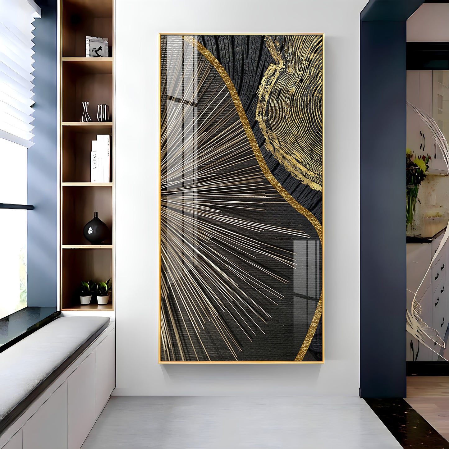 Golden Abyss Glass Finish Vertical Wall Art