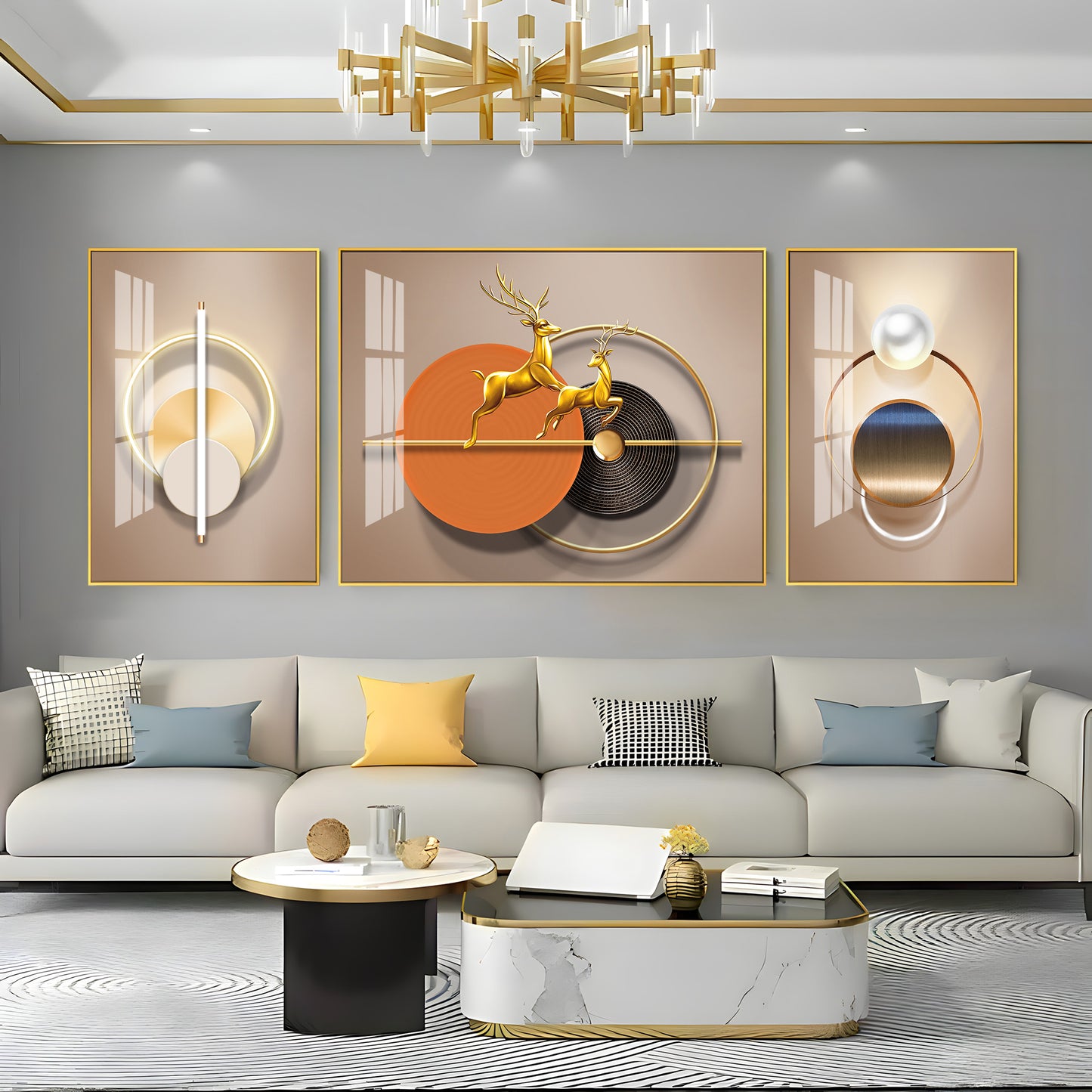 Golden Dancing Deer Glass Finish Wall Art (Set Of 3)