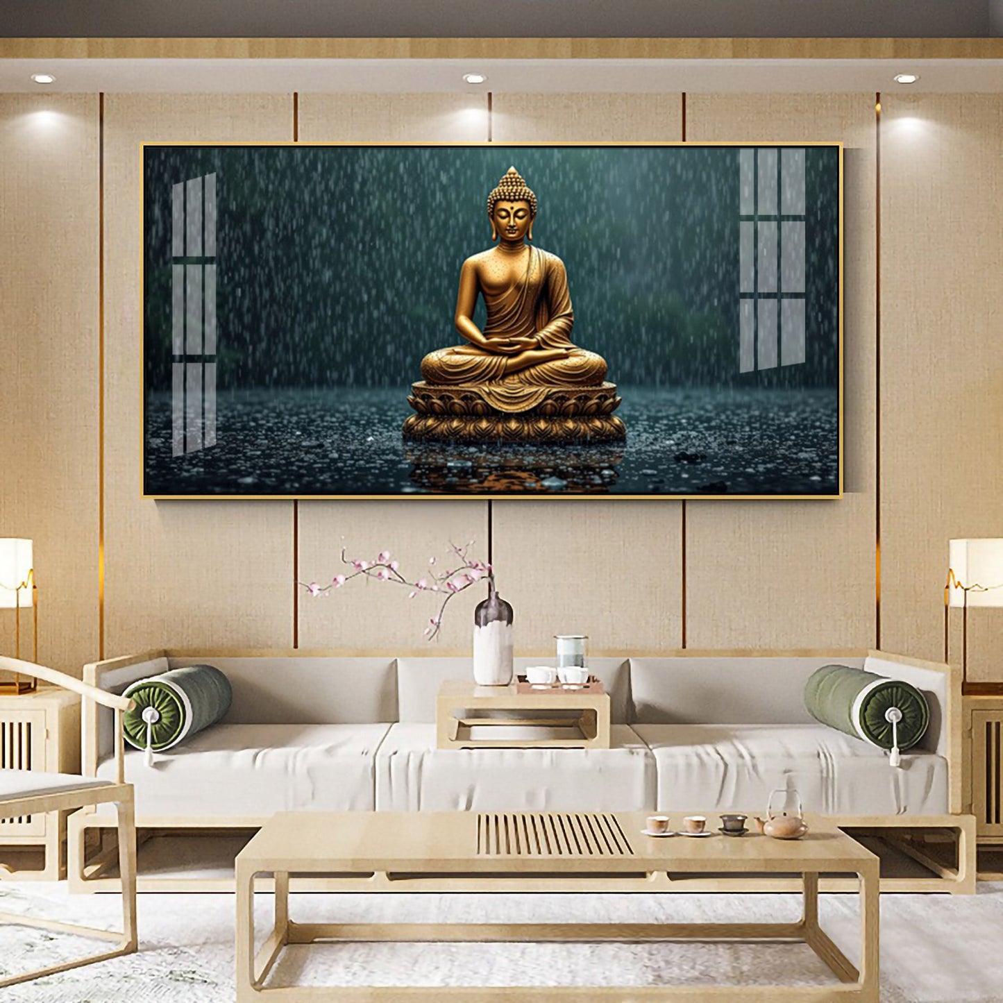 Golden Calm Budha Glass Finish Horizontal Wall Art