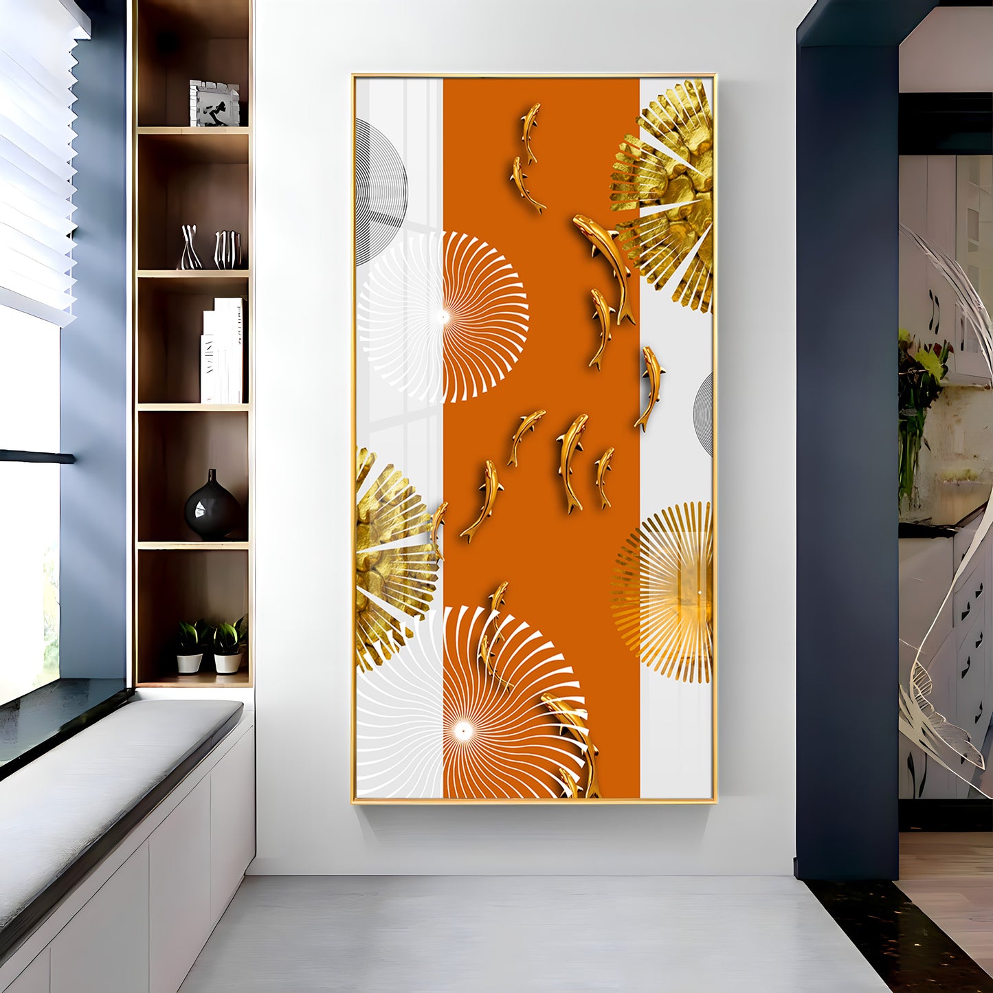 Orange And White Elegance Glass Finish Vertical Wall Art