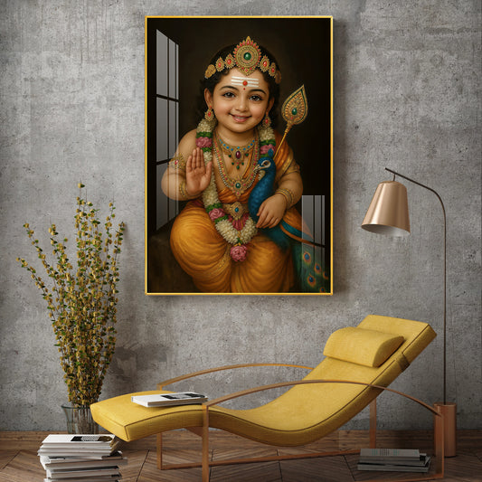 Lord kartikeya Swamy Glass Finish Vertical Wall Art