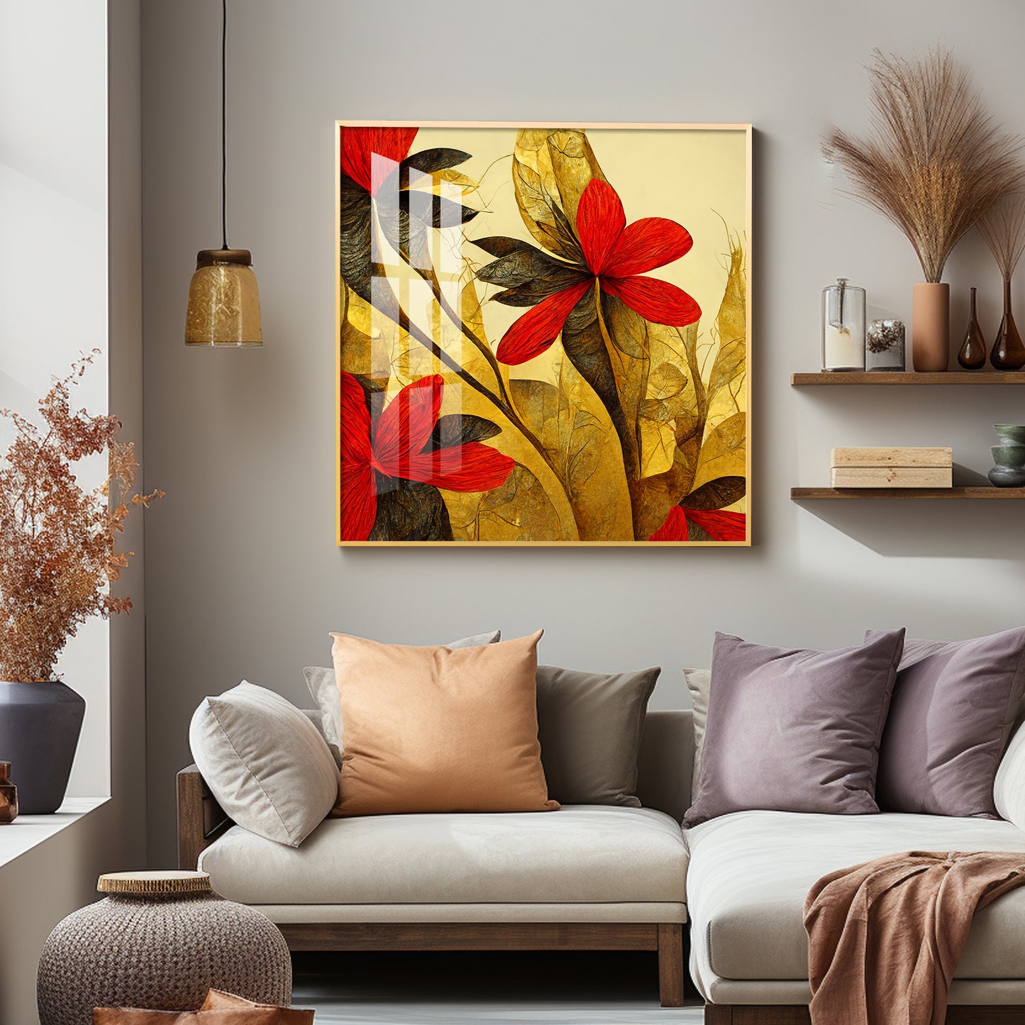 Scarlet Bloom Glass Finish Square Wall Art