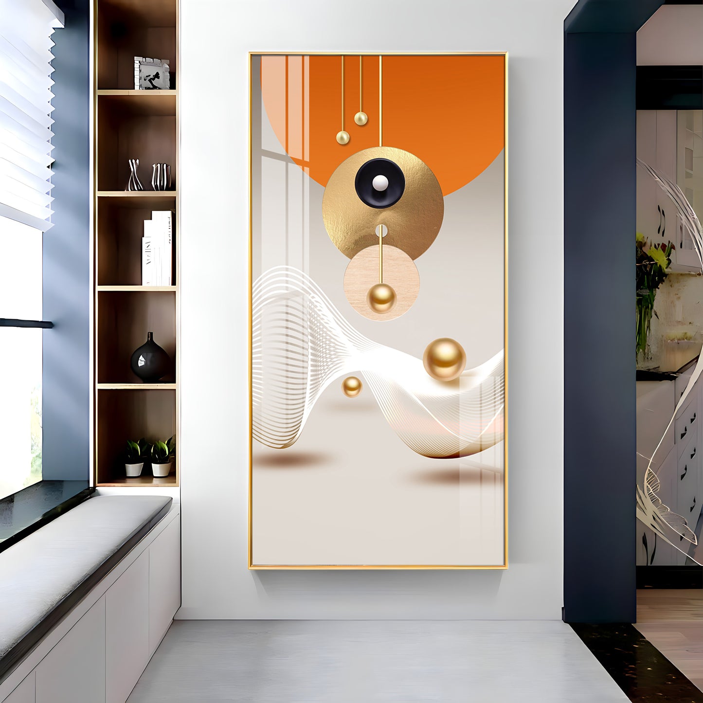 Golden Circle Geometry Glass Finish Vertical Wall Art