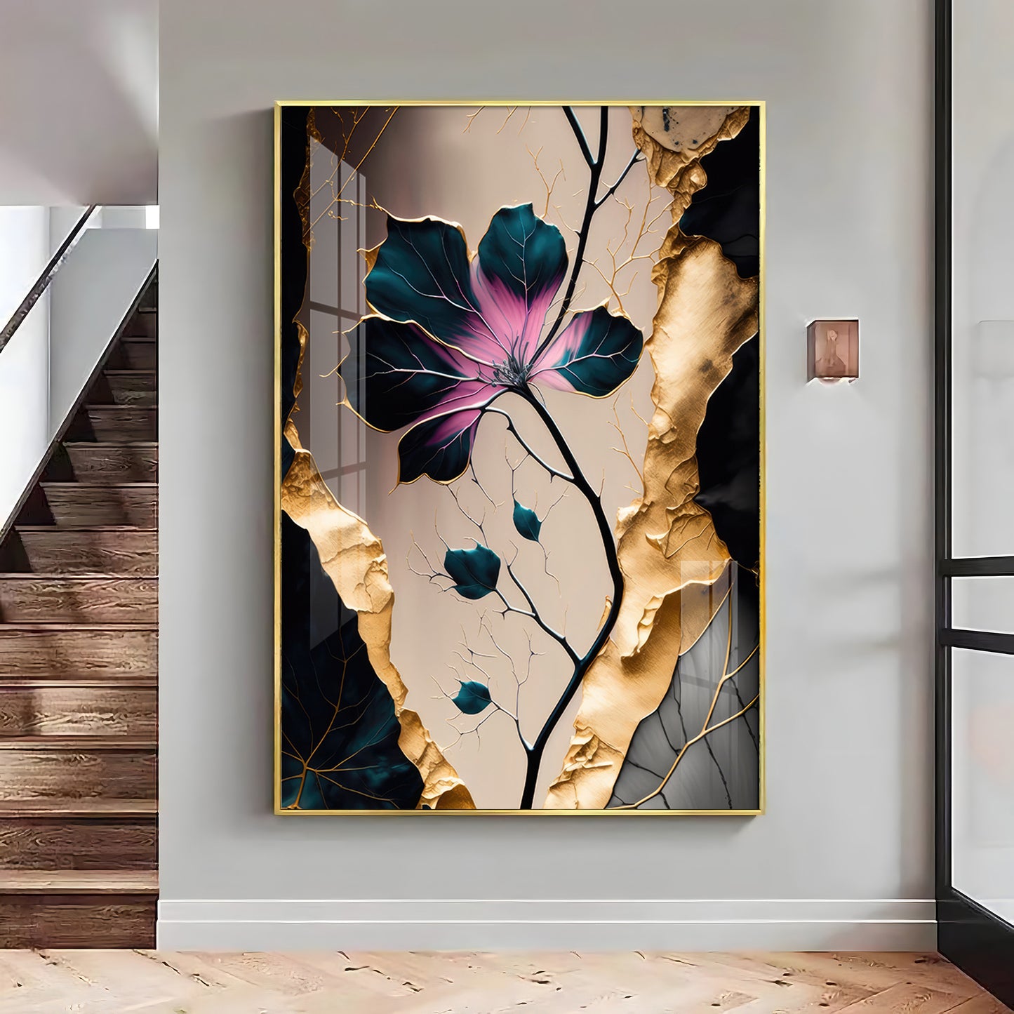 Noir Blossom Majesty Glass Finish Vertical Wall Art