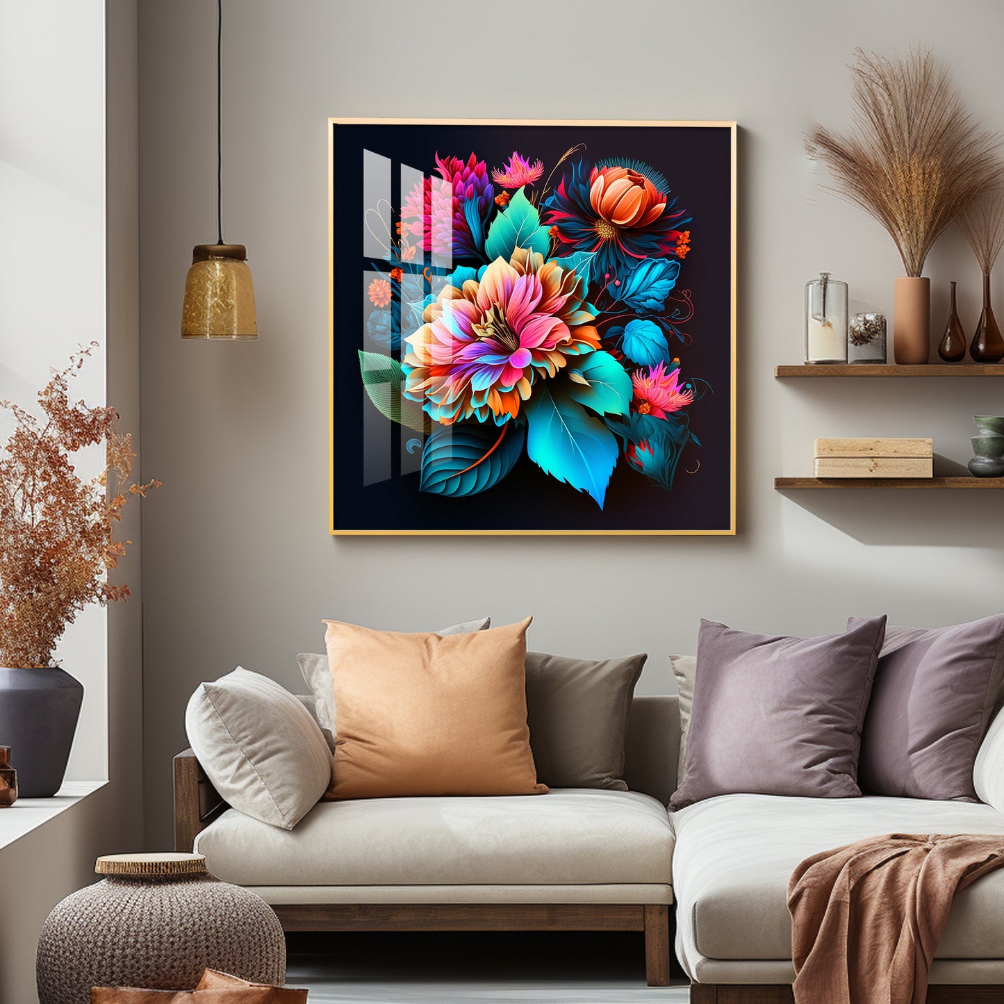 Blossom Noir Glass Finish Square Wall Art