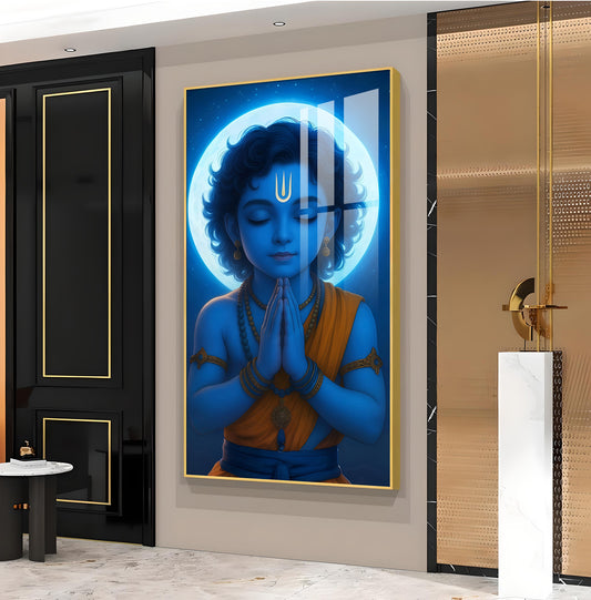 Praying Little krishna Glass Finish vertical Wall Art