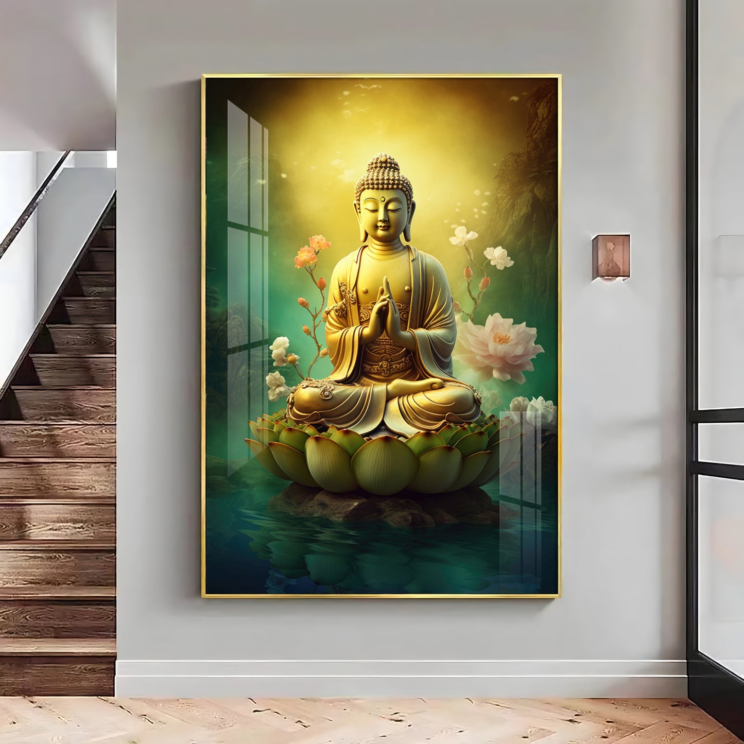Buddha Lotus Harmony Glass Finish Vertical Wall Art