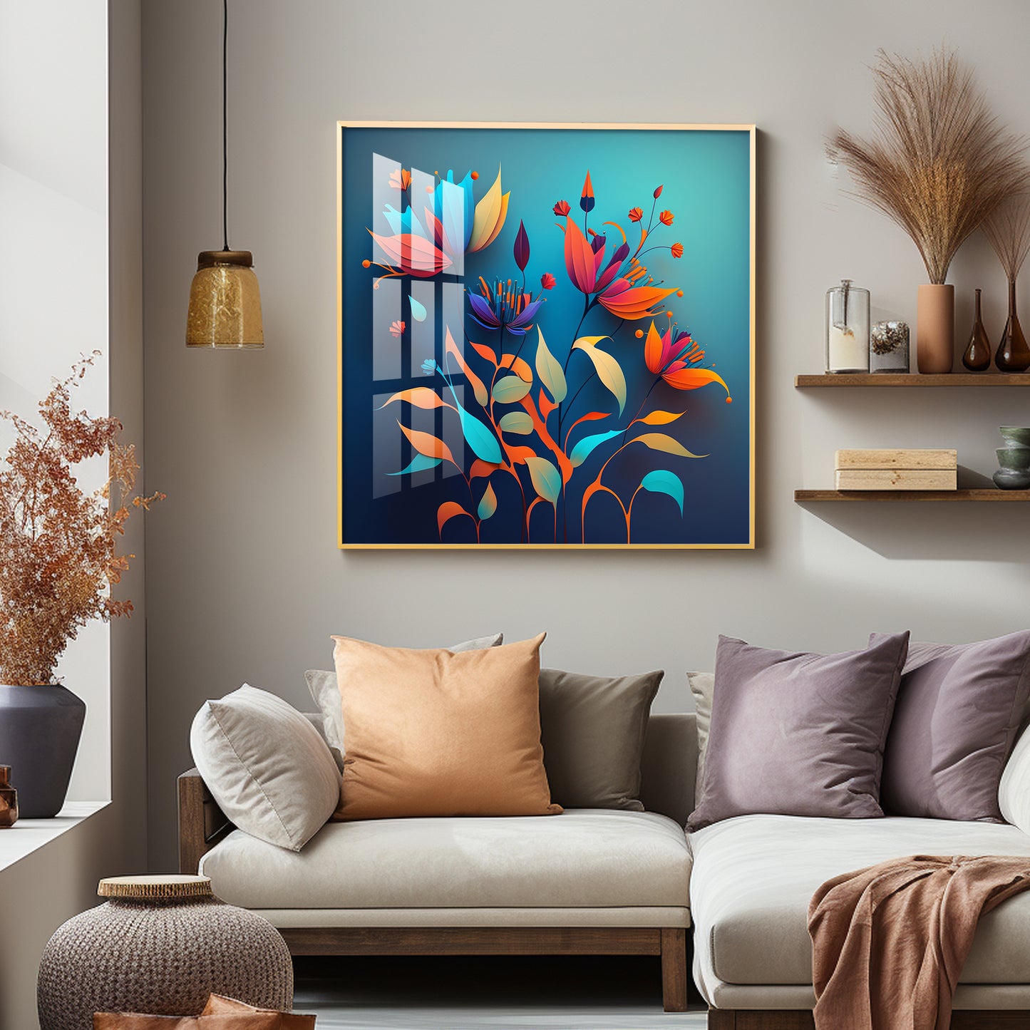 Shadowed Blooms Glass Finish Square Wall Art