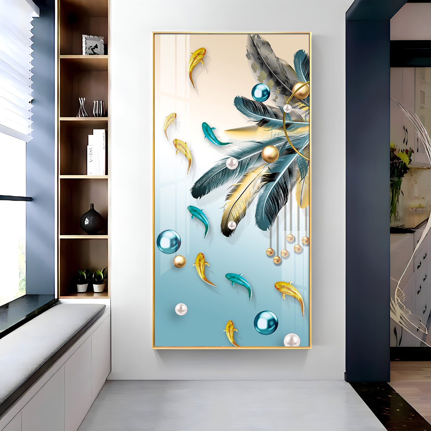 Majestic Blue-Gold Bird Glass Finish Vertical Wall Art