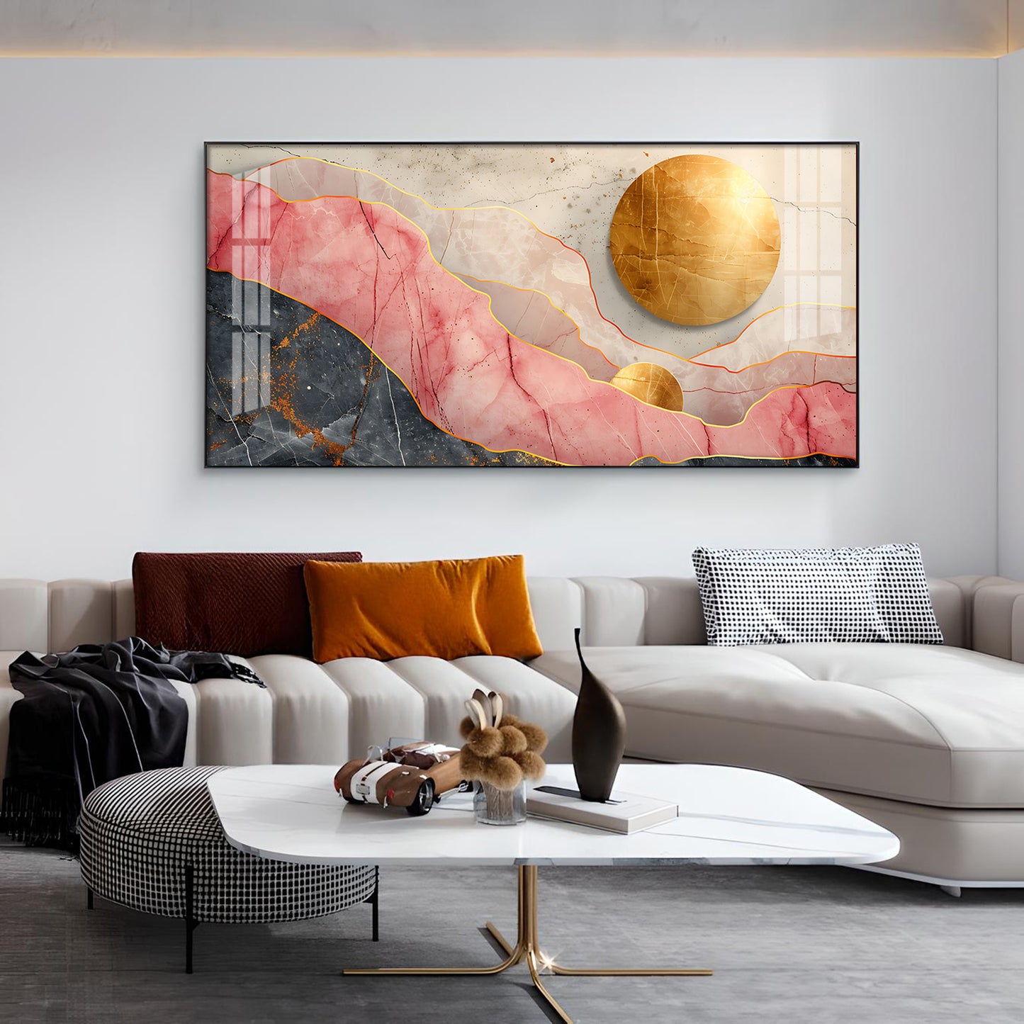 Pink and Gold Marble Stone Texture Glass Finish Horizontal Wall Art