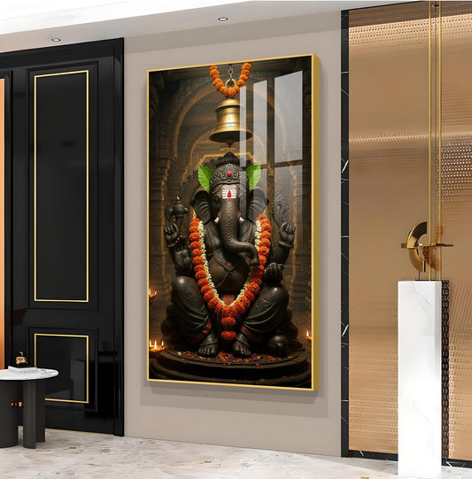 Lord Ganesh Blessing Glass Finish Vertical Wall Art