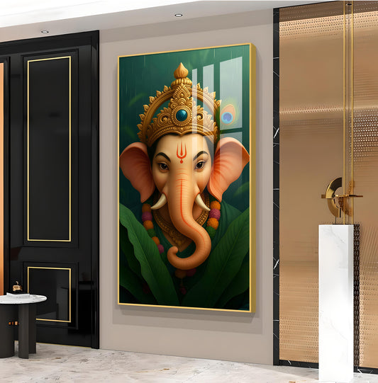 Vibrant Lord ganesha Artwork Glass Finish Vertical Wall Art