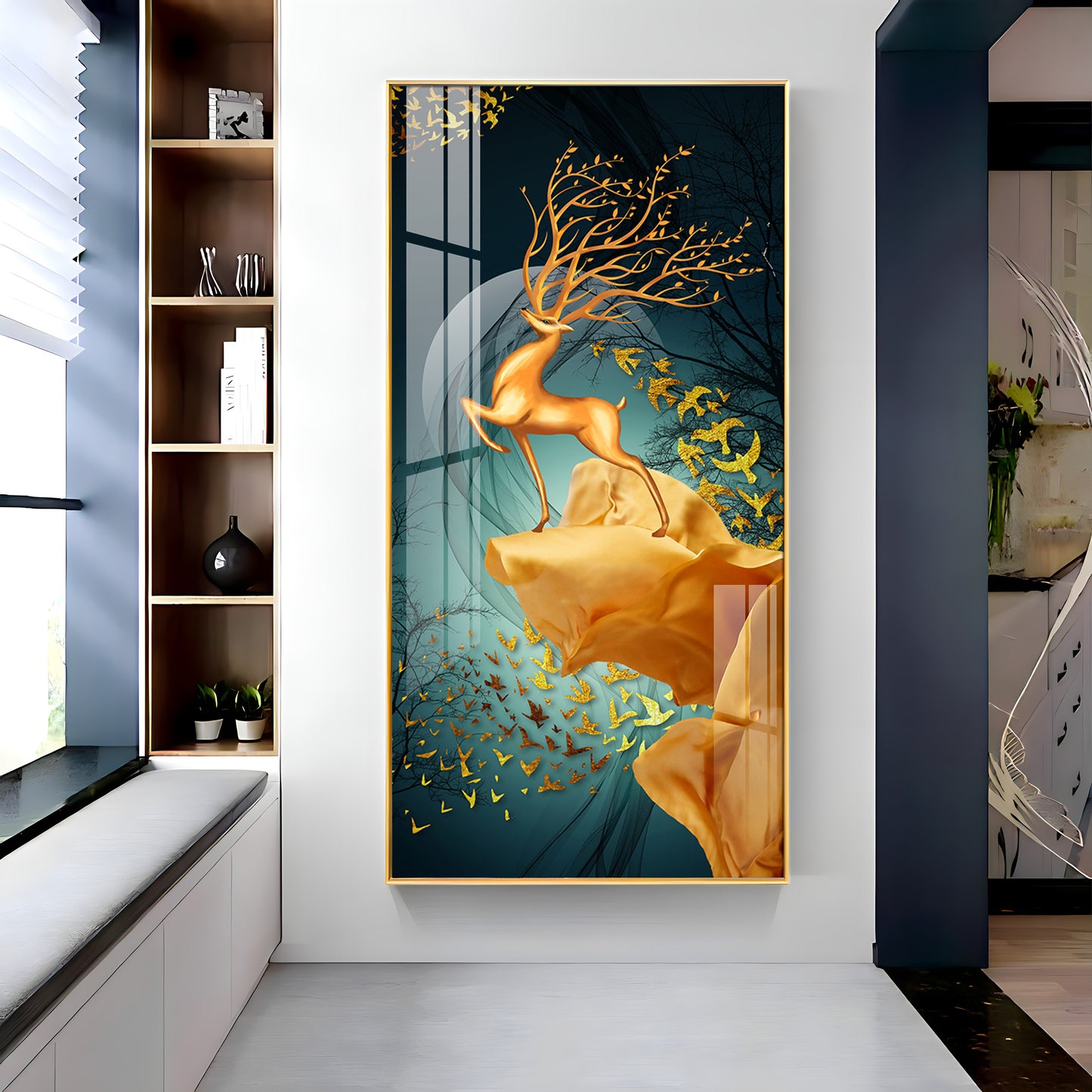 Golden Deer Jumping Glass Finish Vertical Wall Art