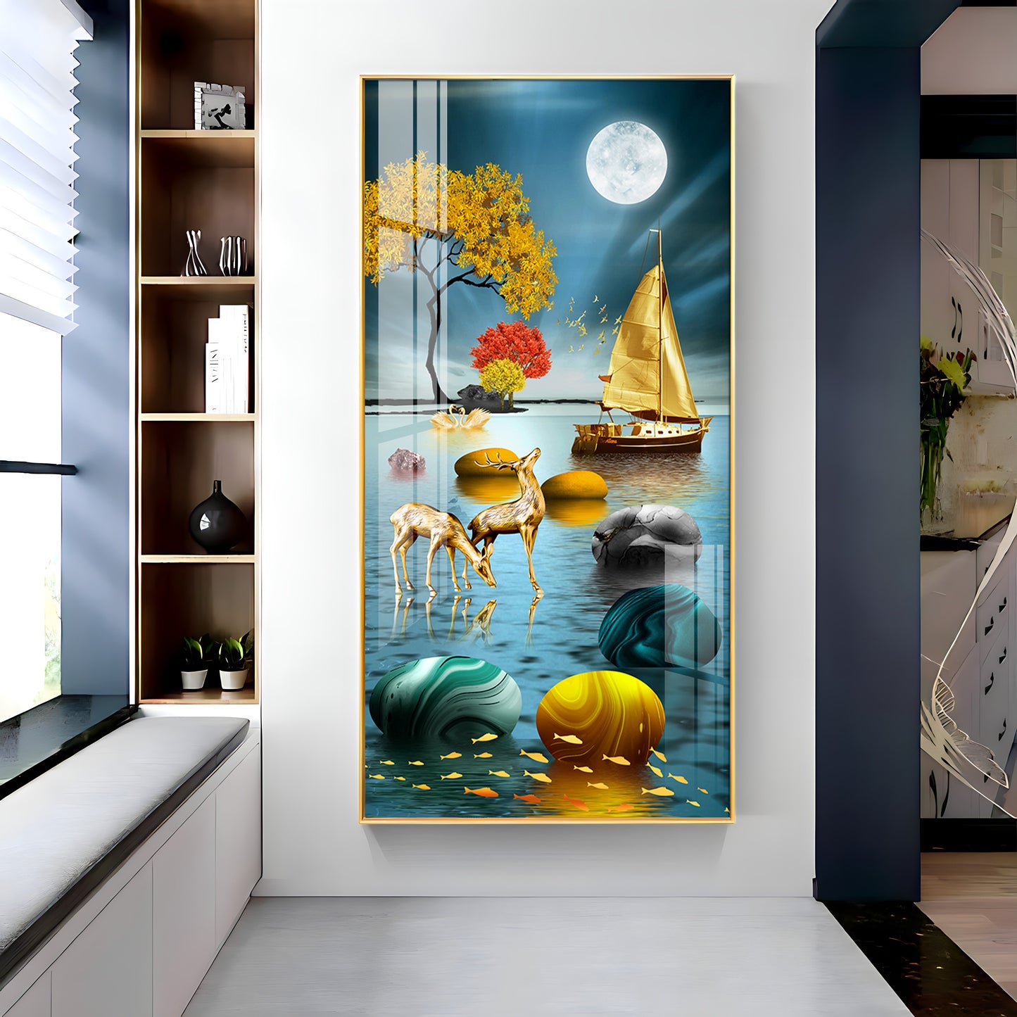 Boat and Deer Glass Finish Vertical Wall Art