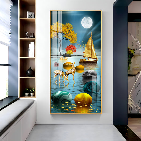 Boat and Deer Glass Finish Vertical Wall Art