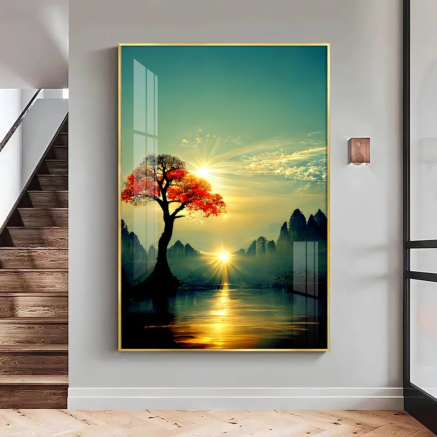 Golden Vista Glass Finish Vertical Wall Art