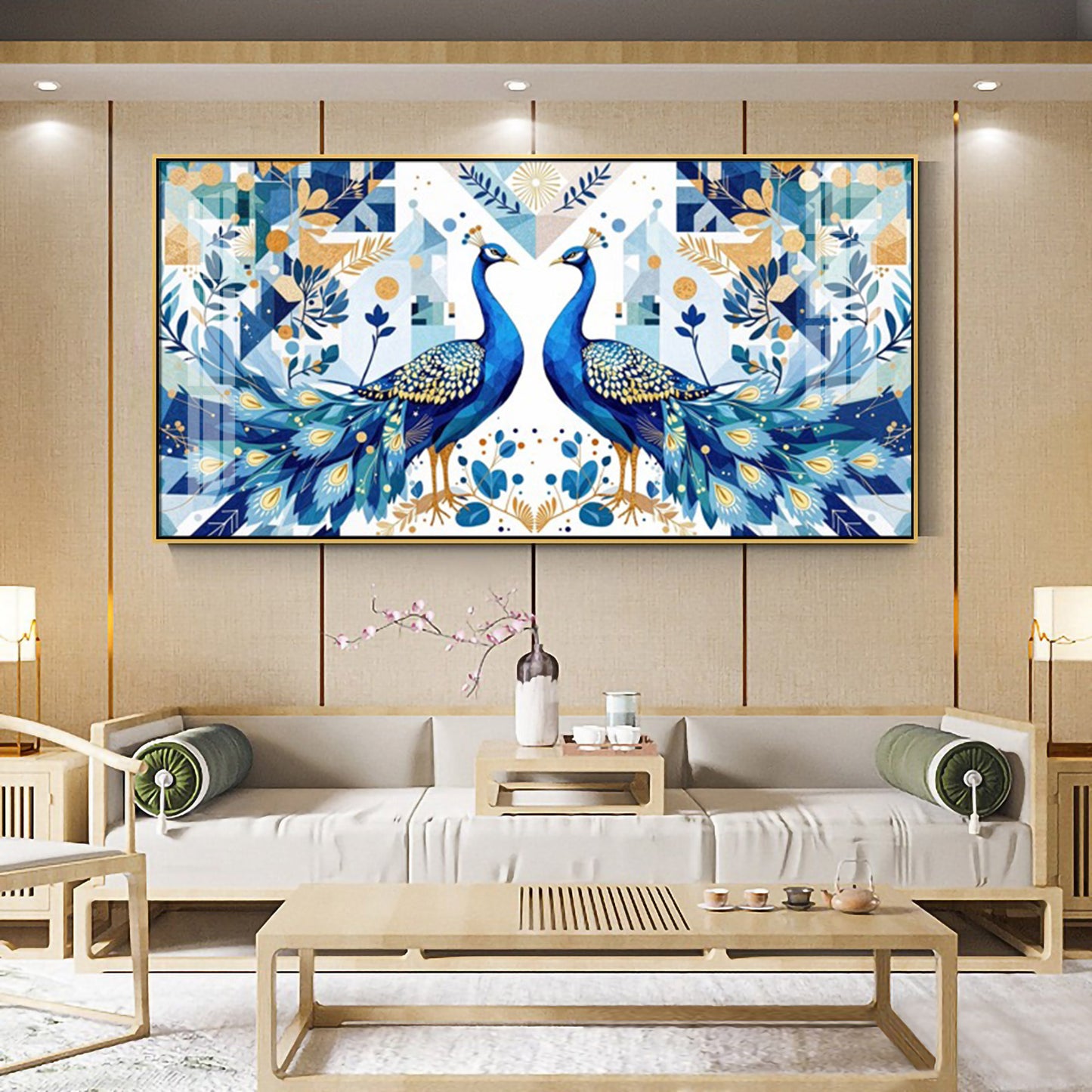 Two Peacock Looking Each Other Glass Finish Horizontal Wall Art