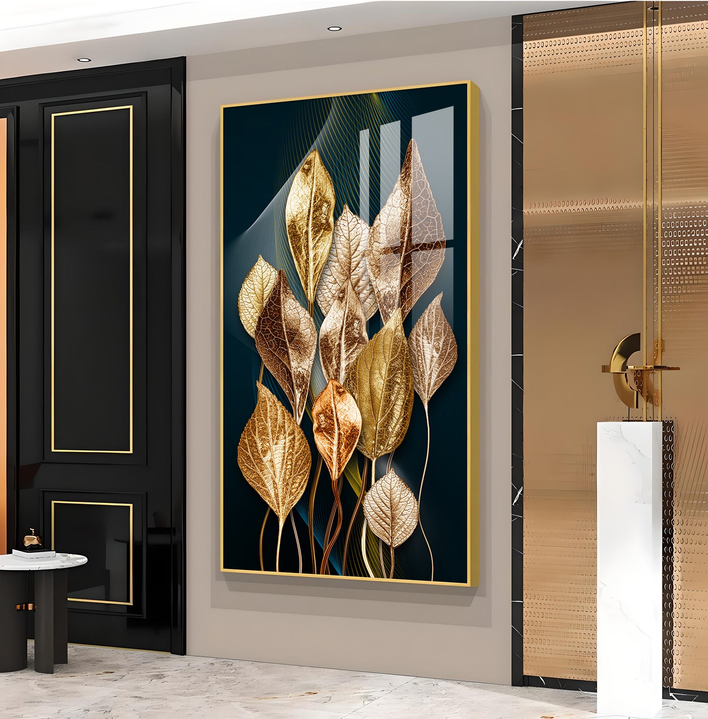 Golden Leafy Luxe Glass Finish Vertical Wall Art
