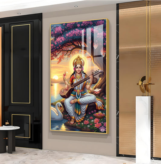 Goddess Saraswati Glass Finish Vertical Wall Art