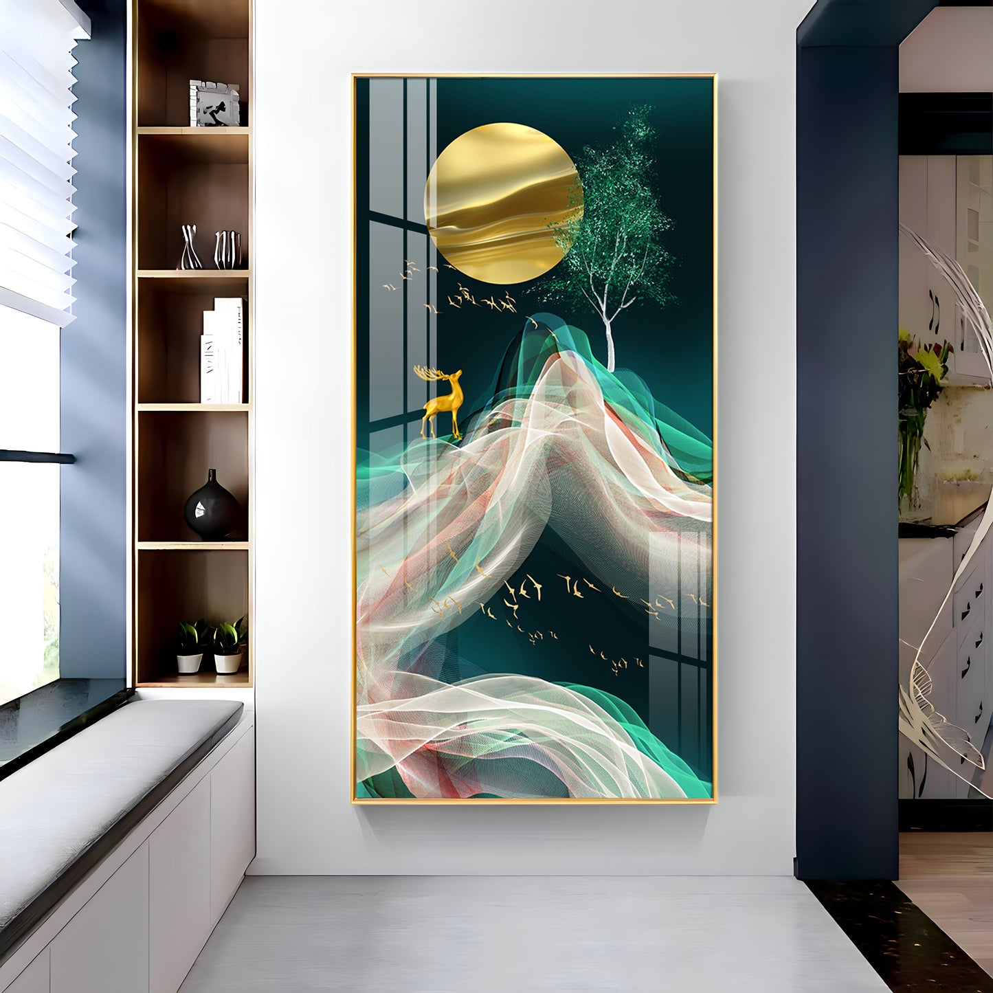 Deer with Golden Moon Glass Finish Vertical Wall Art