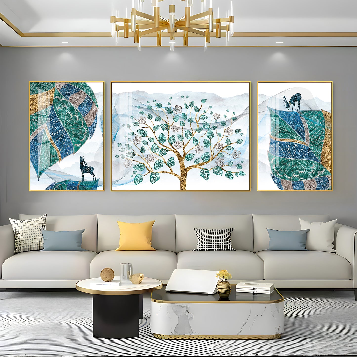 Deer & Tree Elegance Glass Finish Wall Art (Set Of 3)