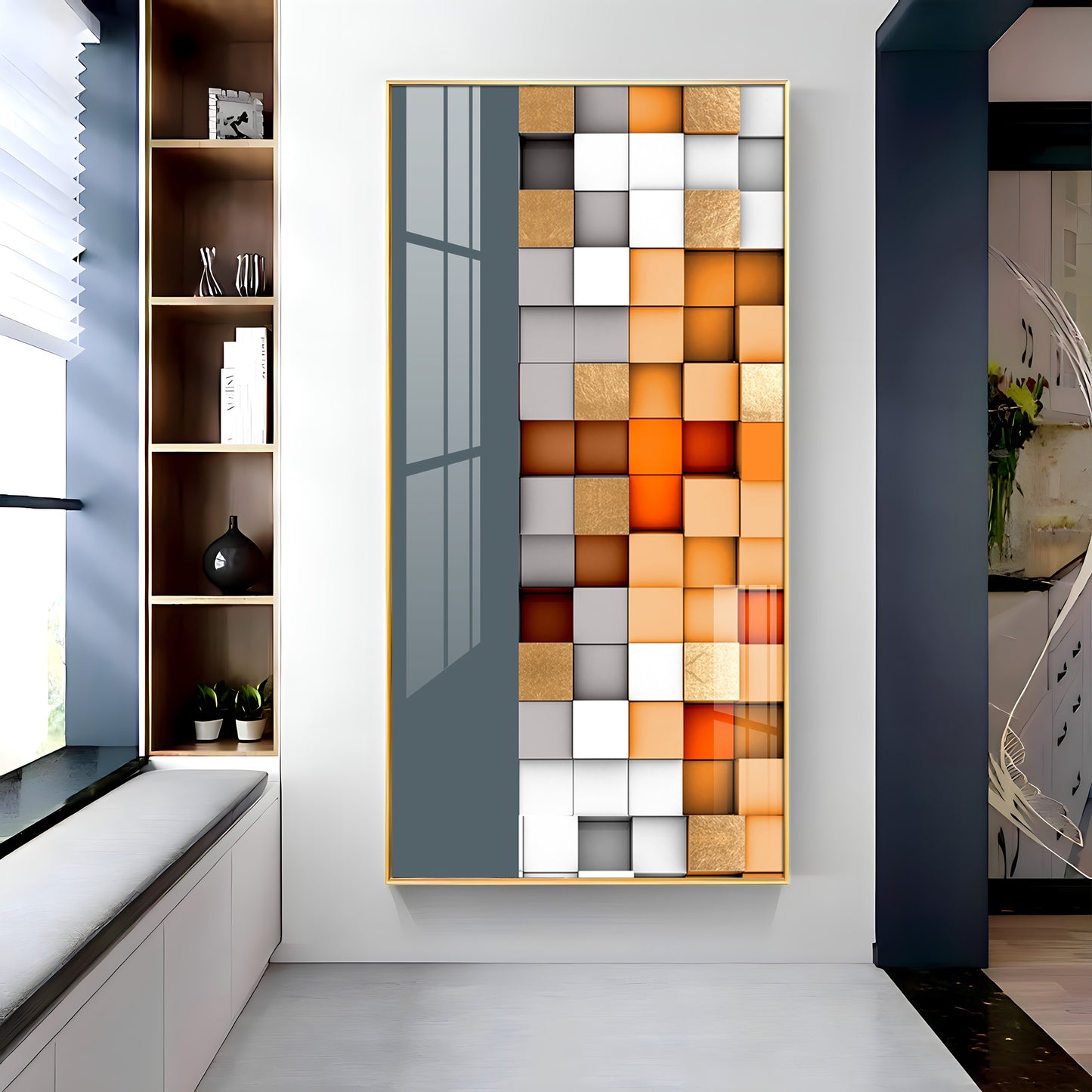 Multiple Abstract Blocks Glass Finish Vertical Wall Art