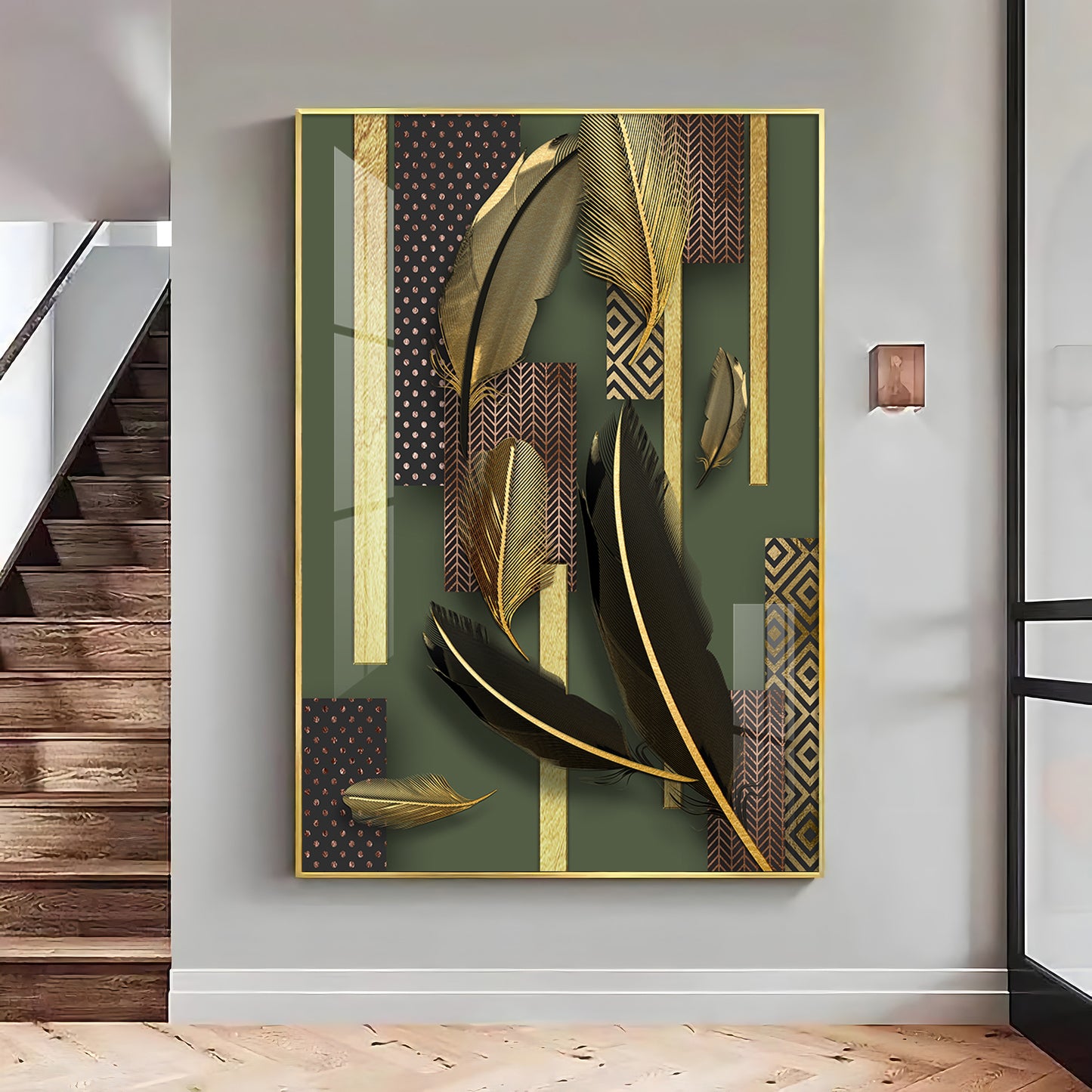 Golden Leaf Elegance Glass Finish Vertical Wall Art