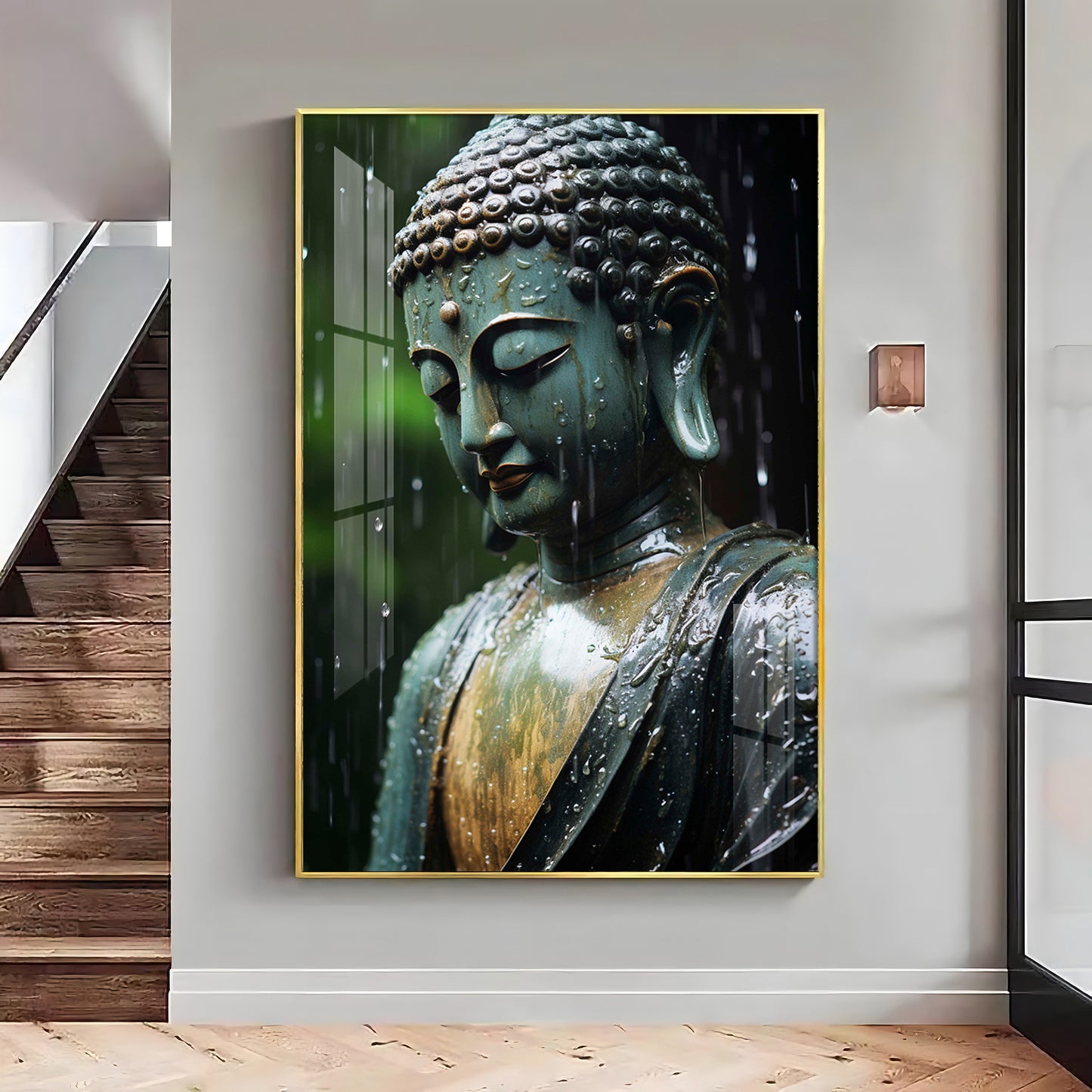 Buddha's Tranquil Embrace Glass Finish Vertical Wall Art