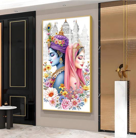 Shri Radhe Krishna Divine Glass Finish Vertical Wall Art