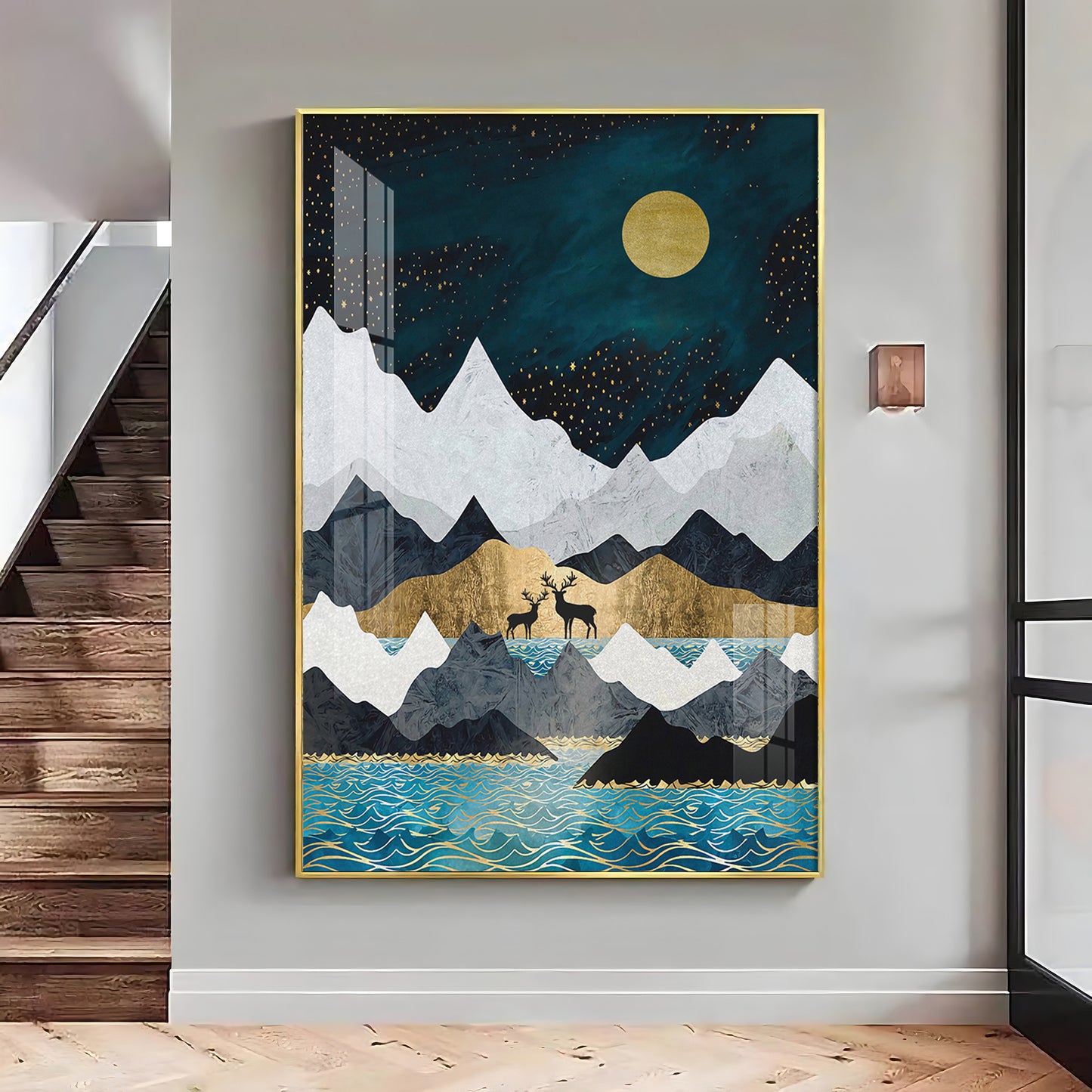 Moonlit Mountain Reverie Glass Finish Vertical Wall Art