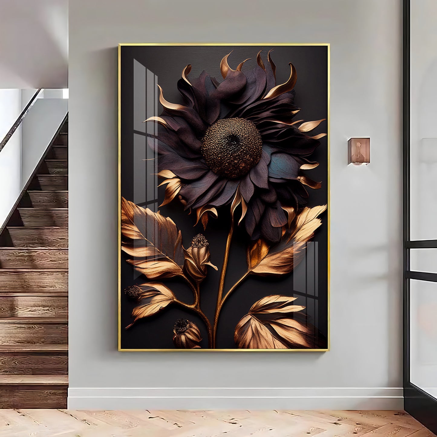 Golden Bloom Artistry Glass Finish Vertical Wall Art