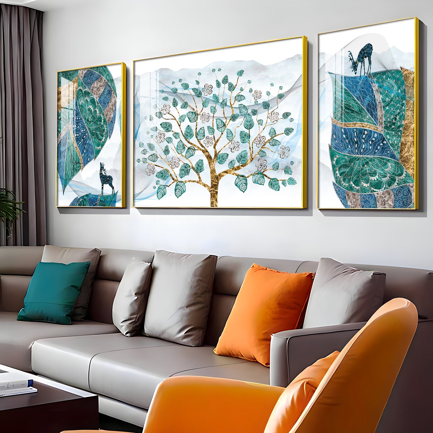 Deer & Tree Elegance Glass Finish Wall Art (Set Of 3)
