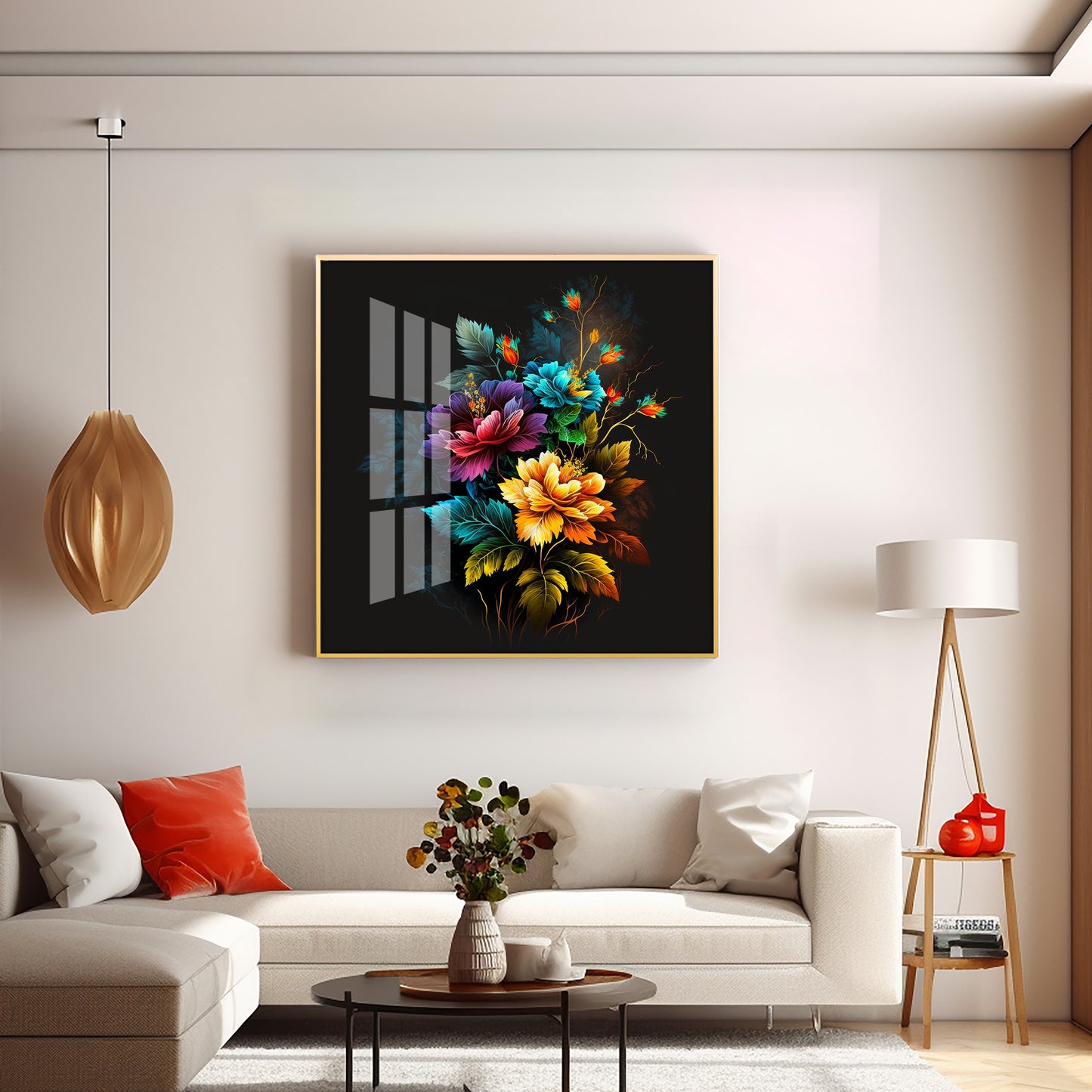 Dark Floral Symphony Glass Finish Square Wall Art
