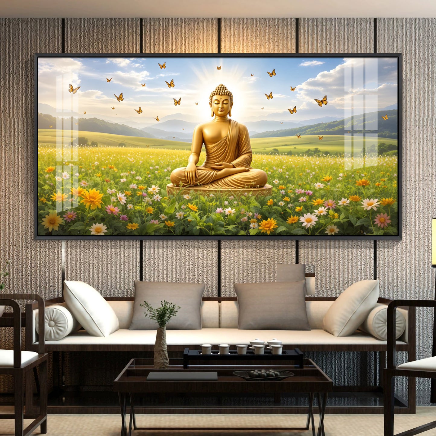 Buddha In Peaceful Nature Glass Finish Horizontal Wall Art