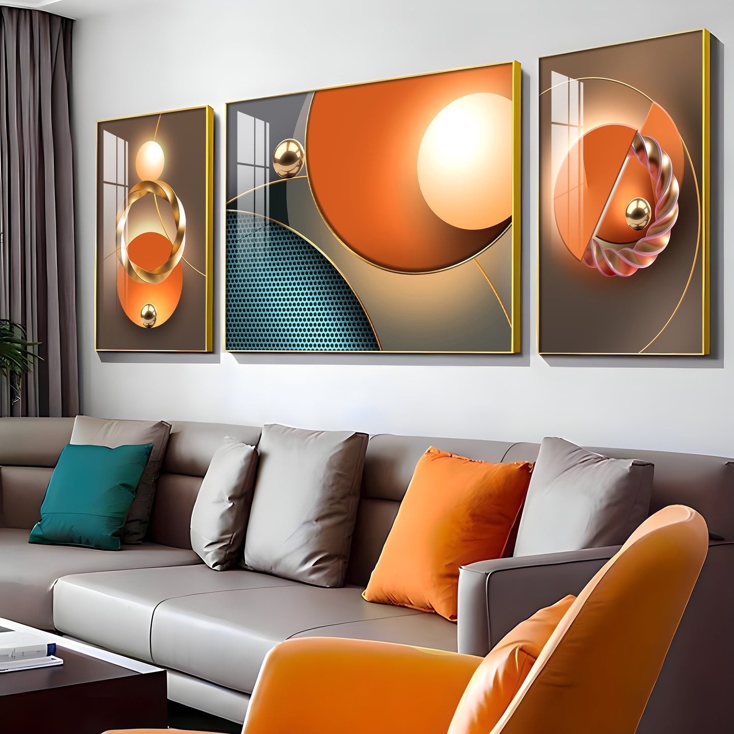 Goldern Circle Abstract Glass Finish Wall Art (Set Of 3)
