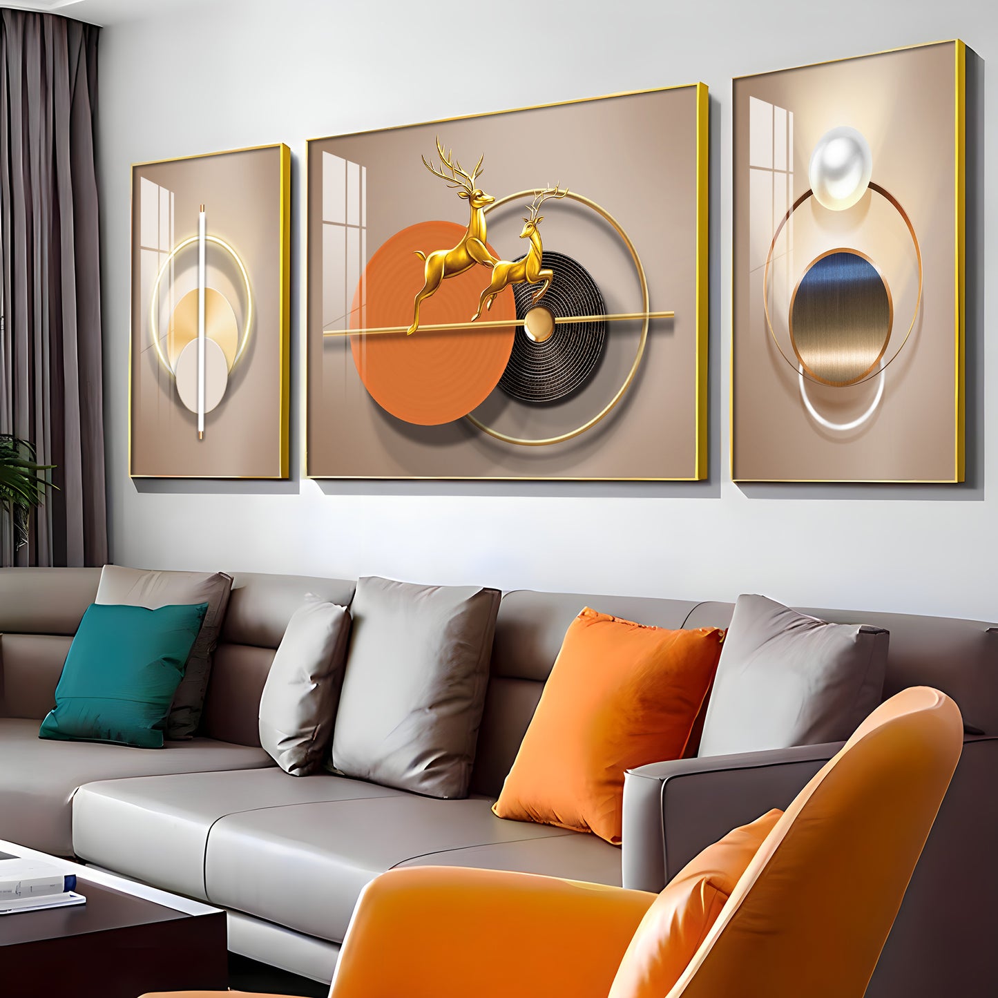 Golden Dancing Deer Glass Finish Wall Art (Set Of 3)