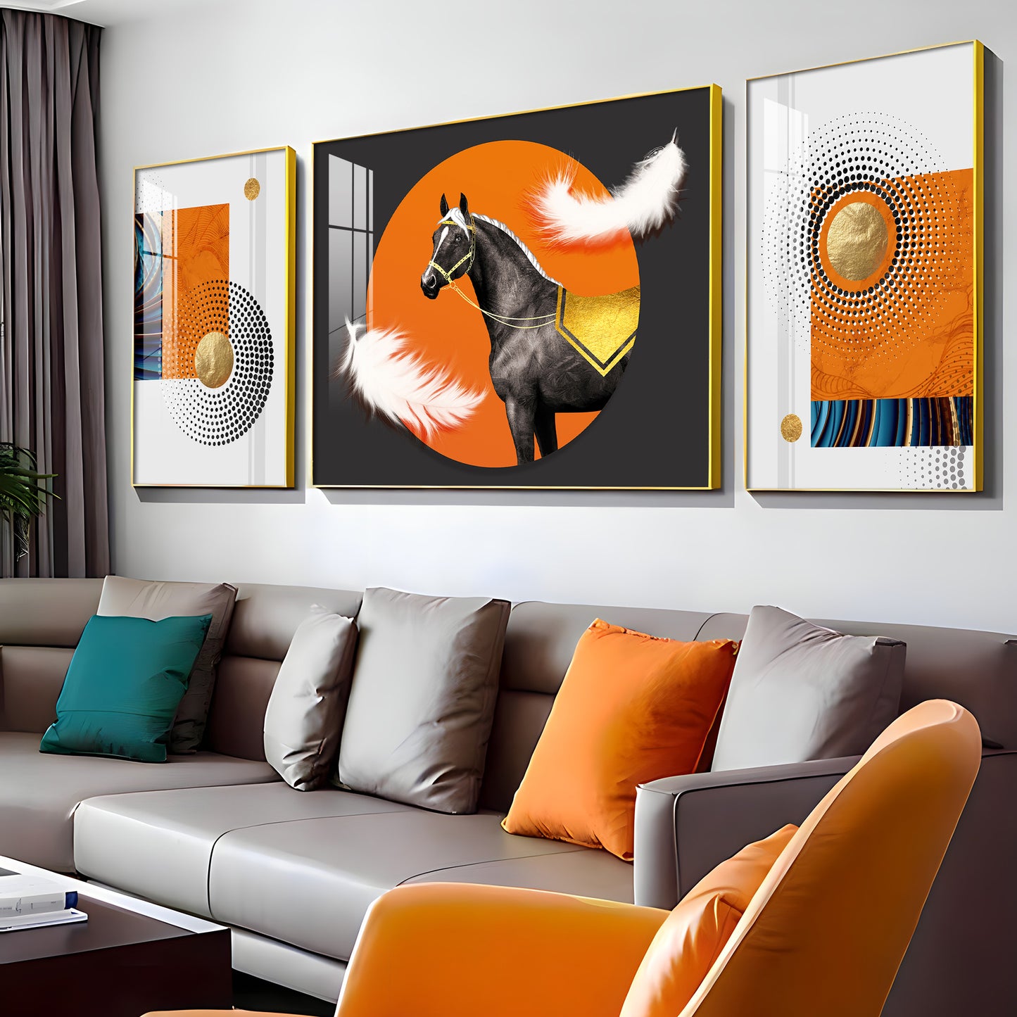 Horse & Feather Glass Finish Wall Art (Set Of 3)