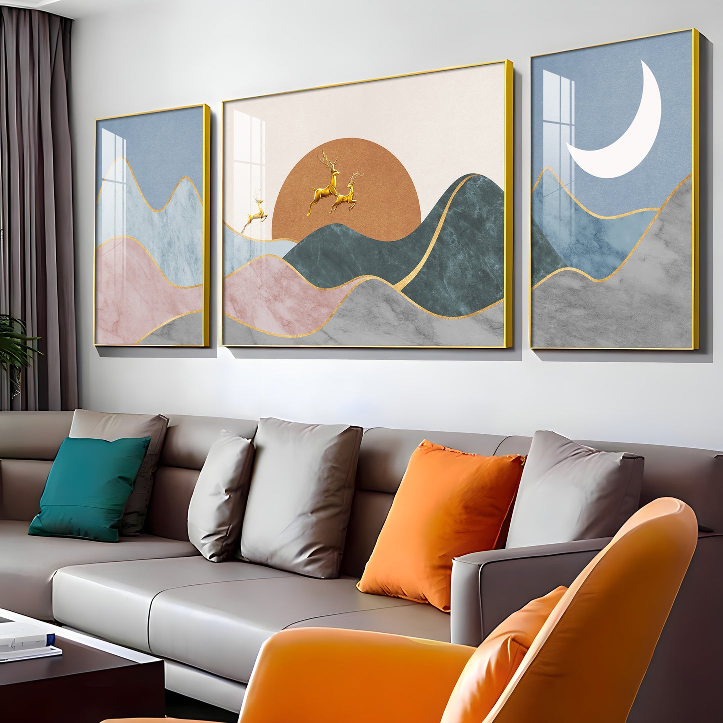 Deer In Mountain Glass Finish Wall Art (Set Of 3)