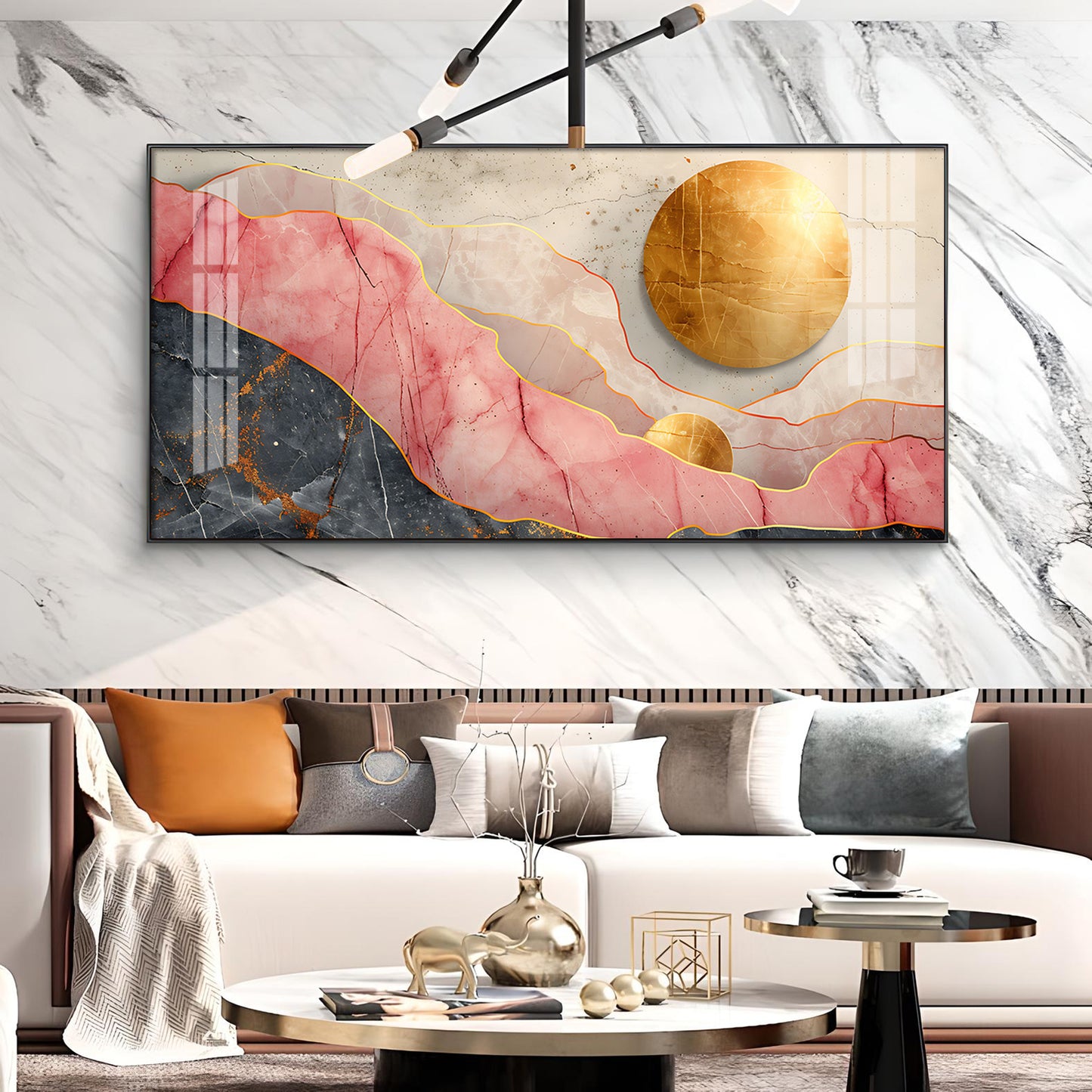 Pink and Gold Marble Stone Texture Glass Finish Horizontal Wall Art