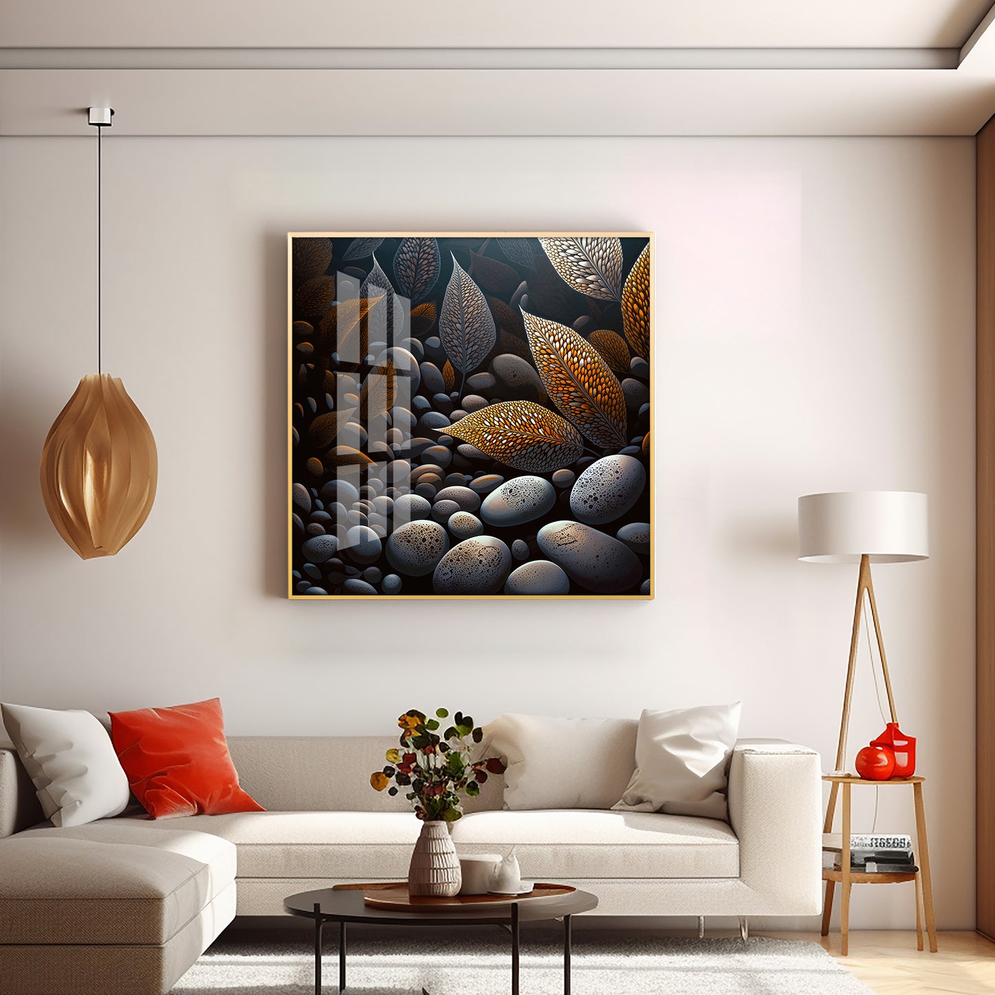 Leaves and Stones Glass Finish Square Wall Art