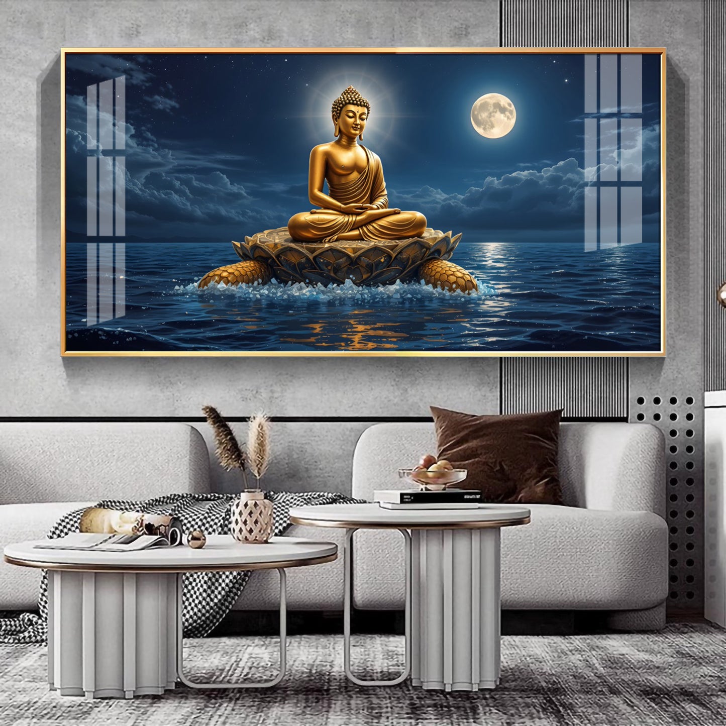 Buddha Sitting Peacfully Glass Finish Horizontal Wall Art