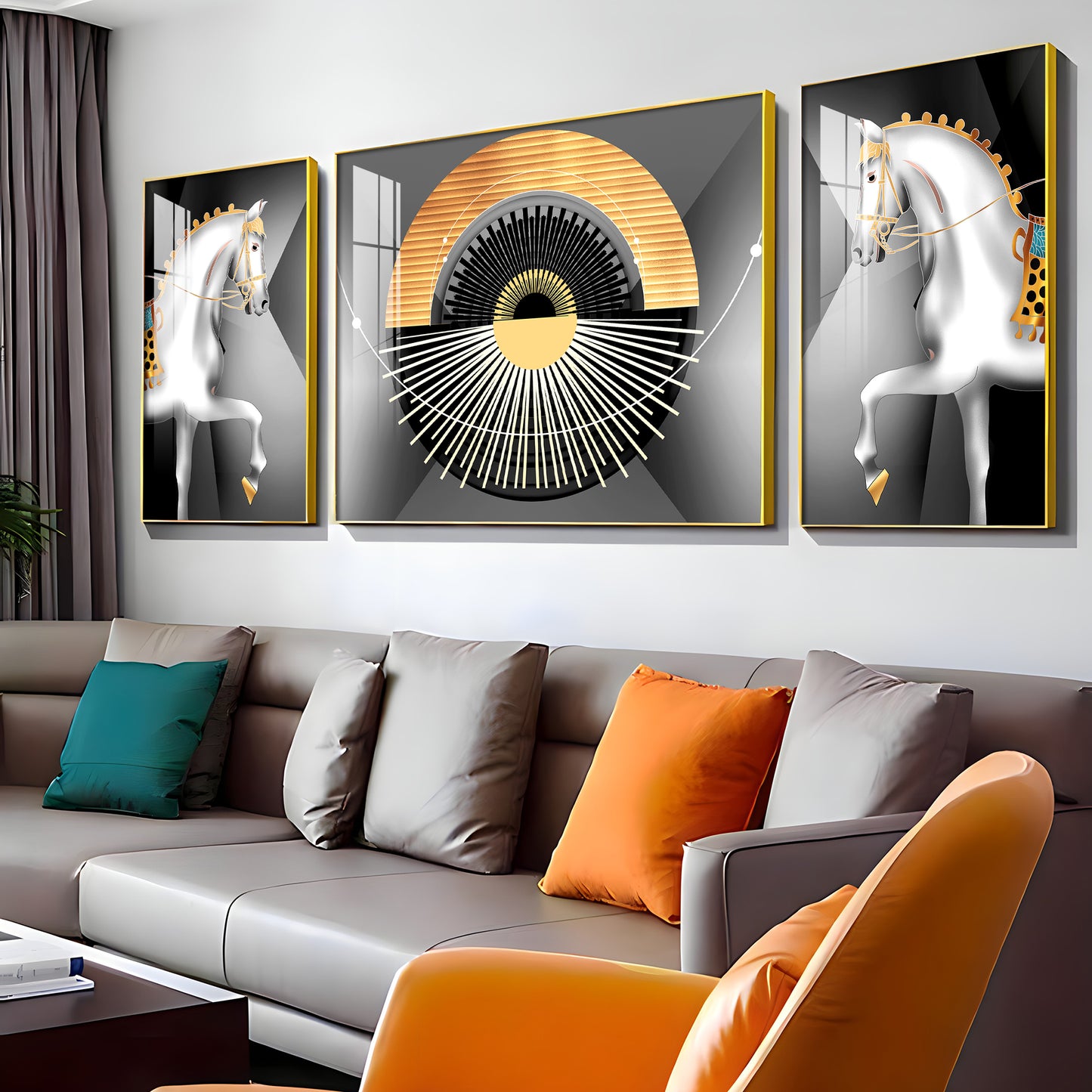 White Horse Harmony Glass Finish Wall Art (Set Of 3)