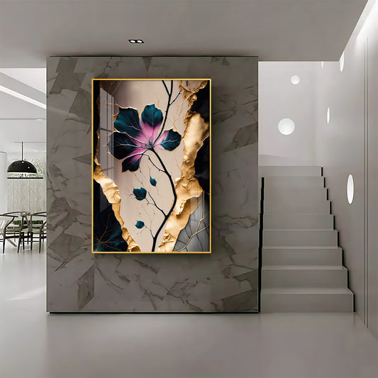 Noir Blossom Majesty Glass Finish Vertical Wall Art