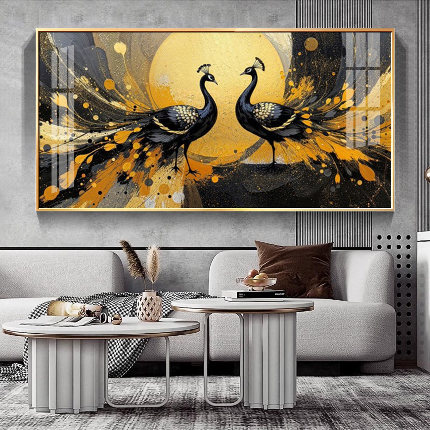 Abstract Two Peacock Looking Each Other Glass Finish Horizontal Wall Art