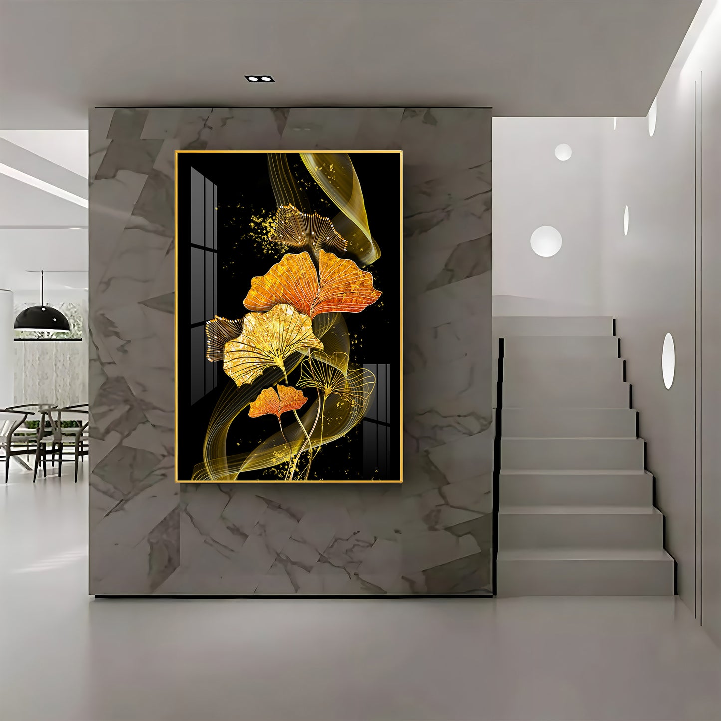 Golden Elegance Bloom Glass Finish Vertical Wall Art