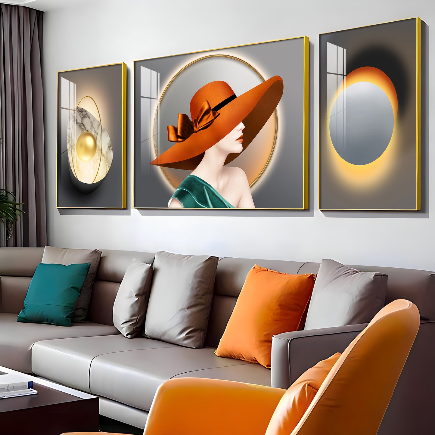 Girl With Orange Hat Glass Finish Wall Art (Set Of 3)