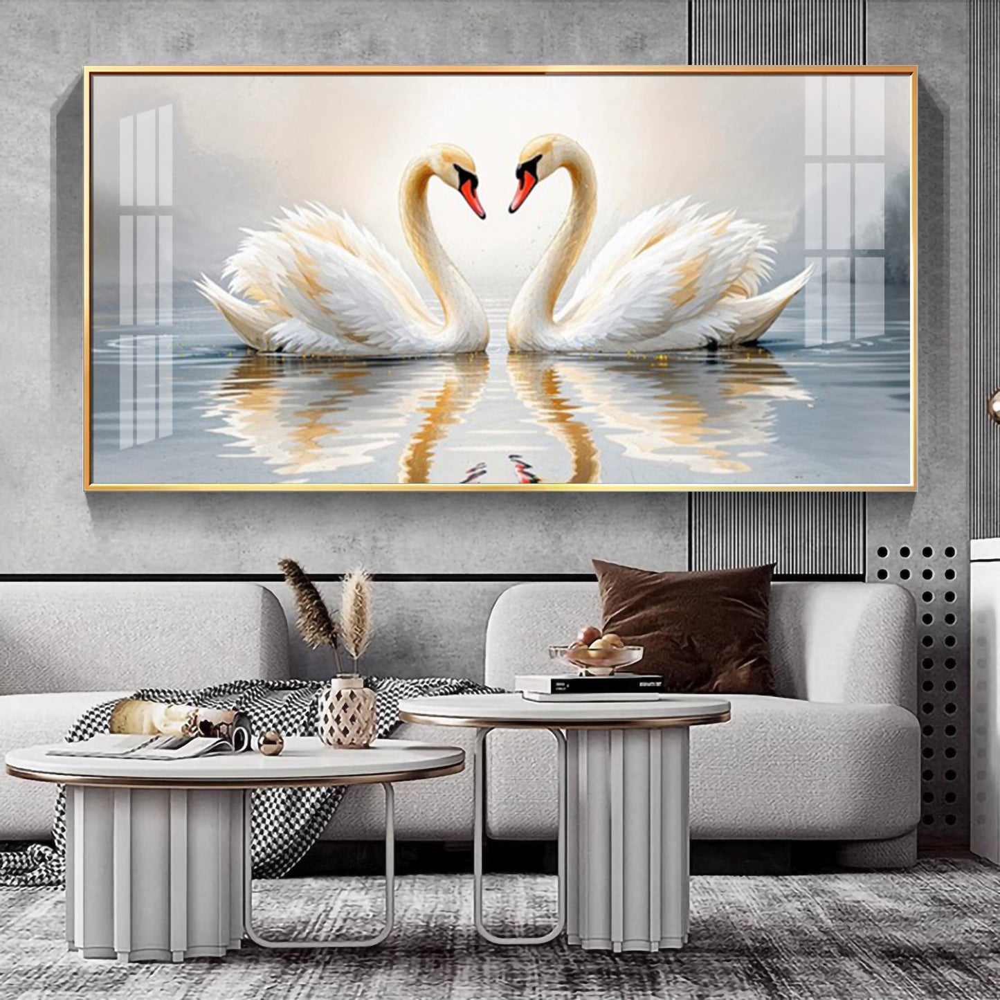 Two White Swan Glass Finish Horizontal Wall Art